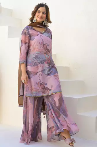 Cream georgette printed Kurta Palazzo with dupatta