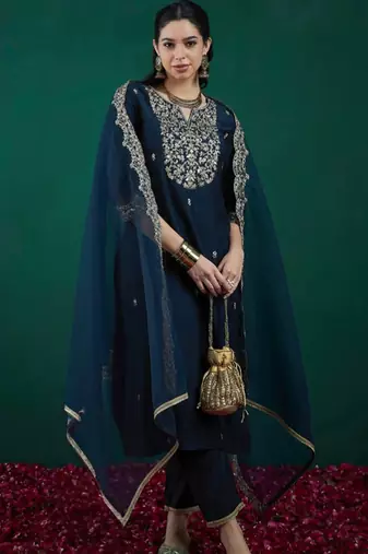 Blue chanderi heavy thread embroidered work kurta pant set