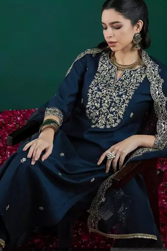 Blue chanderi heavy thread embroidered work kurta pant set