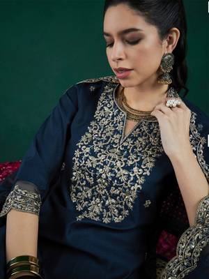 Blue chanderi heavy thread embroidered work kurta pant set 3