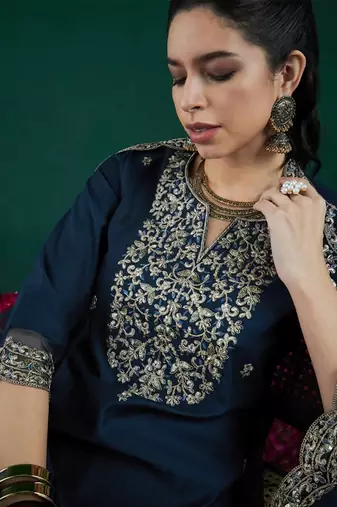 Blue chanderi heavy thread embroidered work kurta pant set