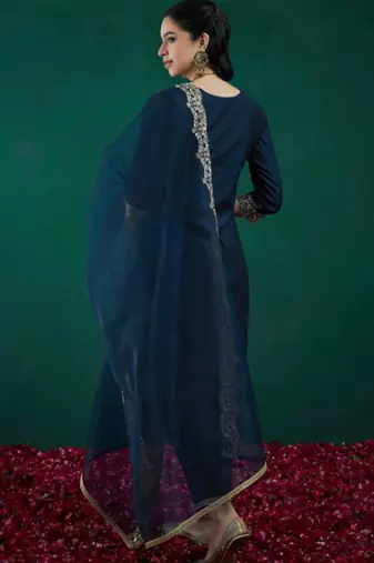 Blue chanderi heavy thread embroidered work kurta pant set