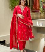 Red chanderi silk thread embroidered with sequins work kurta pant set