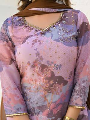 Cream georgette printed Kurta Palazzo with dupatta 5