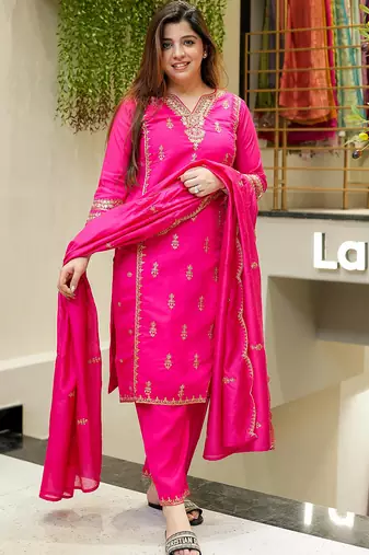 Rani pink chanderi silk thread embroidered with sequins work kurta pant set