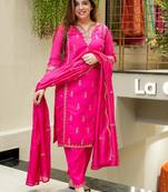 Rani pink chanderi silk thread embroidered with sequins work kurta pant set