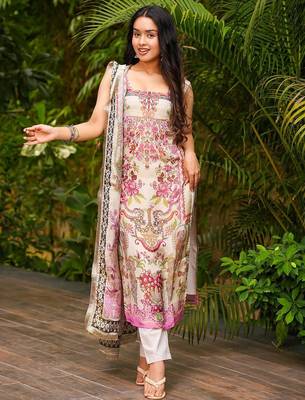 Cream french crepe printed kurta pant set 1