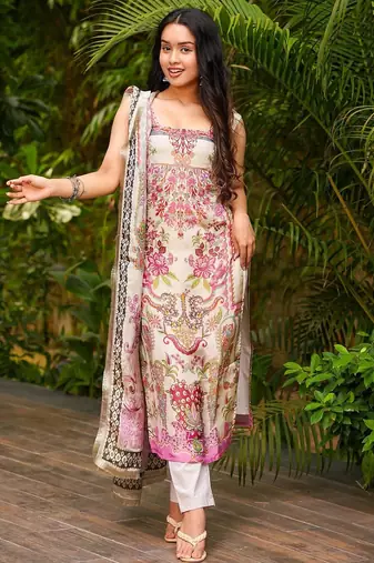 Cream french crepe printed kurta pant set