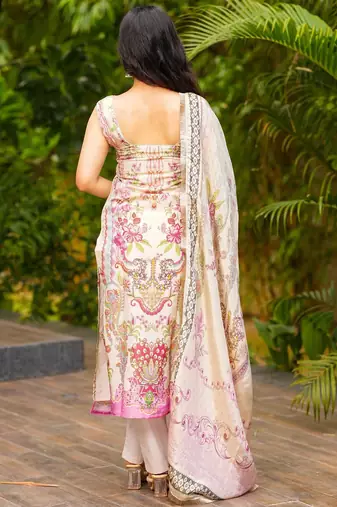 Cream french crepe printed kurta pant set