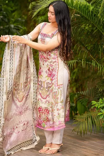 Cream french crepe printed kurta pant set