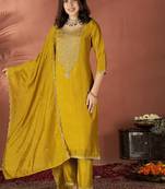 Mustard vichitra heavy thread embroidered work kurta pant set