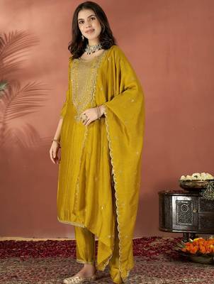 Mustard vichitra heavy thread embroidered work kurta pant set 2