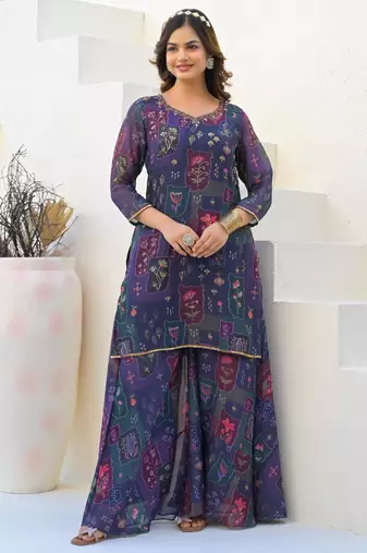 Purple georgette printed Kurta Palazzo with dupatta