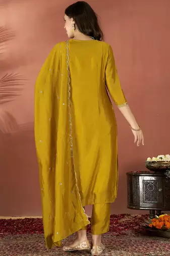 Mustard vichitra heavy thread embroidered work kurta pant set