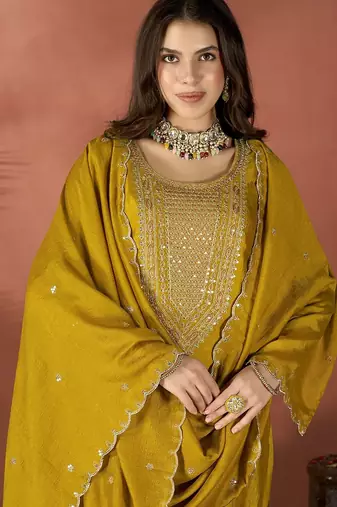 Mustard vichitra heavy thread embroidered work kurta pant set
