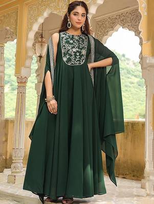 Dark green georgette heavy thread embroidered work anarkali dress with jacket 1