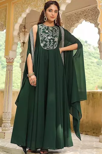 Dark green georgette heavy thread embroidered work anarkali dress with jacket