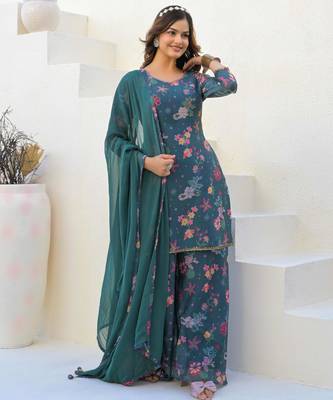 Blue georgette printed Kurta Palazzo with dupatta 1