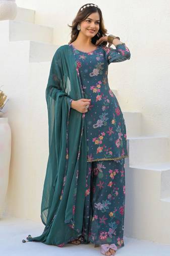 Blue georgette printed Kurta Palazzo with dupatta