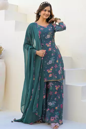 Blue georgette printed Kurta Palazzo with dupatta
