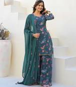 Blue georgette printed Kurta Palazzo with dupatta