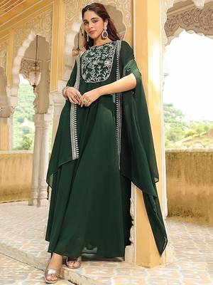 Dark green georgette heavy thread embroidered work anarkali dress with jacket 2