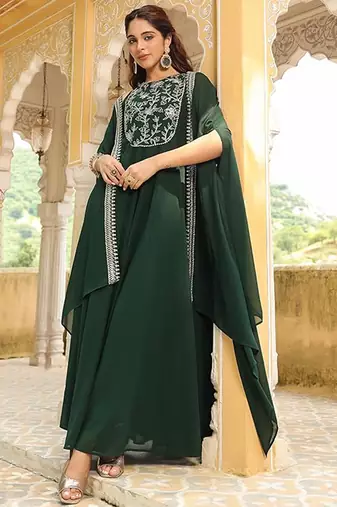 Dark green georgette heavy thread embroidered work anarkali dress with jacket