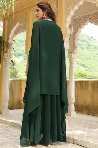 Dark green georgette heavy thread embroidered work anarkali dress with jacket