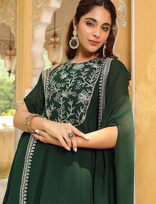 Dark green georgette heavy thread embroidered work anarkali dress with jacket 4