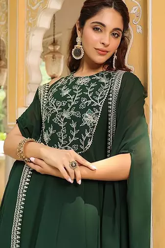 Dark green georgette heavy thread embroidered work anarkali dress with jacket