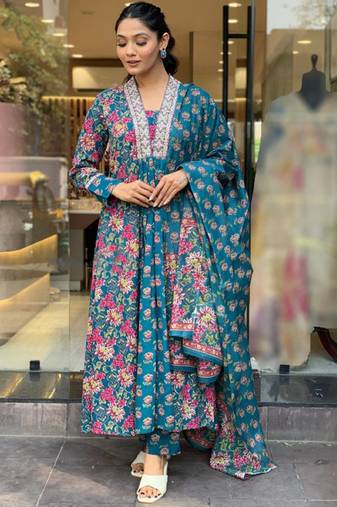 Teal cotton print with thread embroidered on neck kurta pant set