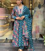 Teal cotton print with thread embroidered on neck kurta pant set