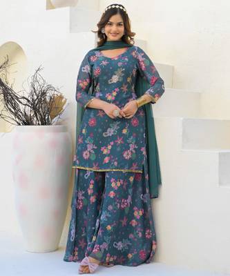 Blue georgette printed Kurta Palazzo with dupatta 2