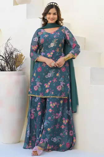 Blue georgette printed Kurta Palazzo with dupatta