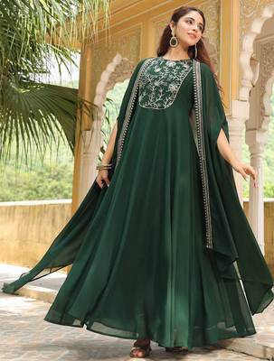 Dark green georgette heavy thread embroidered work anarkali dress with jacket 5