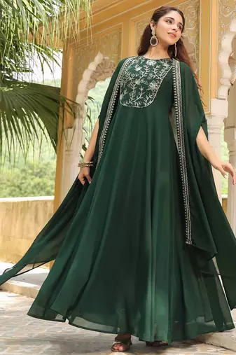 Dark green georgette heavy thread embroidered work anarkali dress with jacket