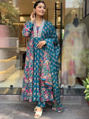 Teal cotton print with thread embroidered on neck kurta pant set 2