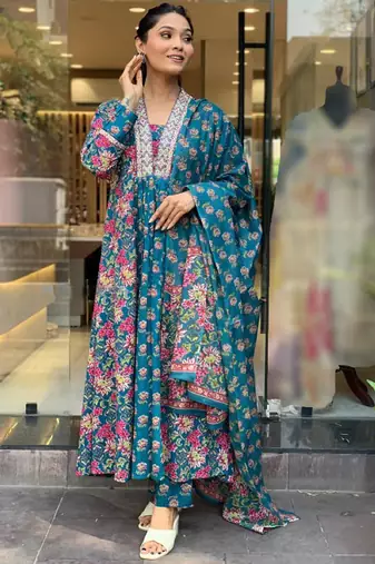 Teal cotton print with thread embroidered on neck kurta pant set
