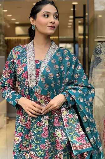 Teal cotton print with thread embroidered on neck kurta pant set
