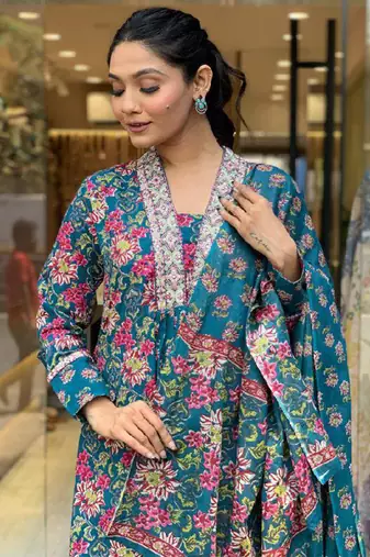 Teal cotton print with thread embroidered on neck kurta pant set