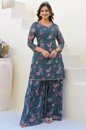 Blue georgette printed Kurta Palazzo with dupatta
