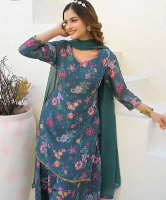 Blue georgette printed Kurta Palazzo with dupatta 4