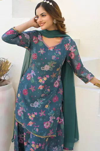 Blue georgette printed Kurta Palazzo with dupatta