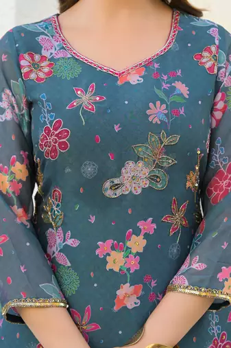 Blue georgette printed Kurta Palazzo with dupatta
