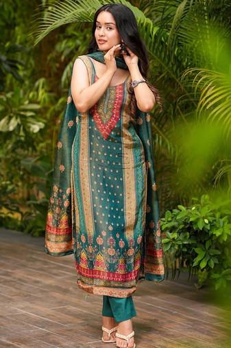 Teal green zarna silk printed kurta pant set