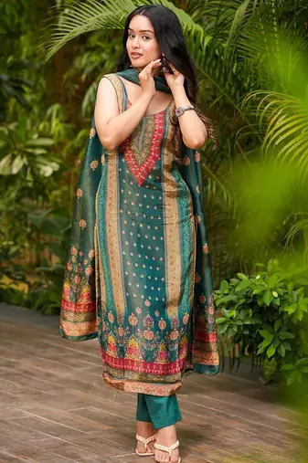 Teal green zarna silk printed kurta pant set