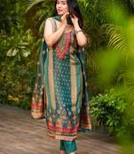 Teal green zarna silk printed kurta pant set