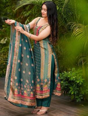 Teal green zarna silk printed kurta pant set 2