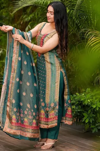 Teal green zarna silk printed kurta pant set