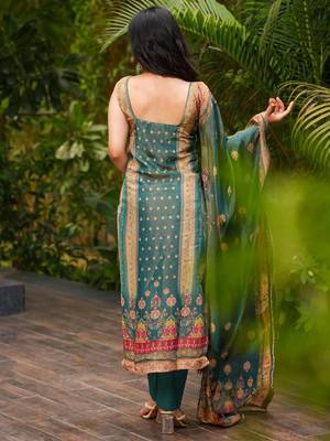 Teal green zarna silk printed kurta pant set 3